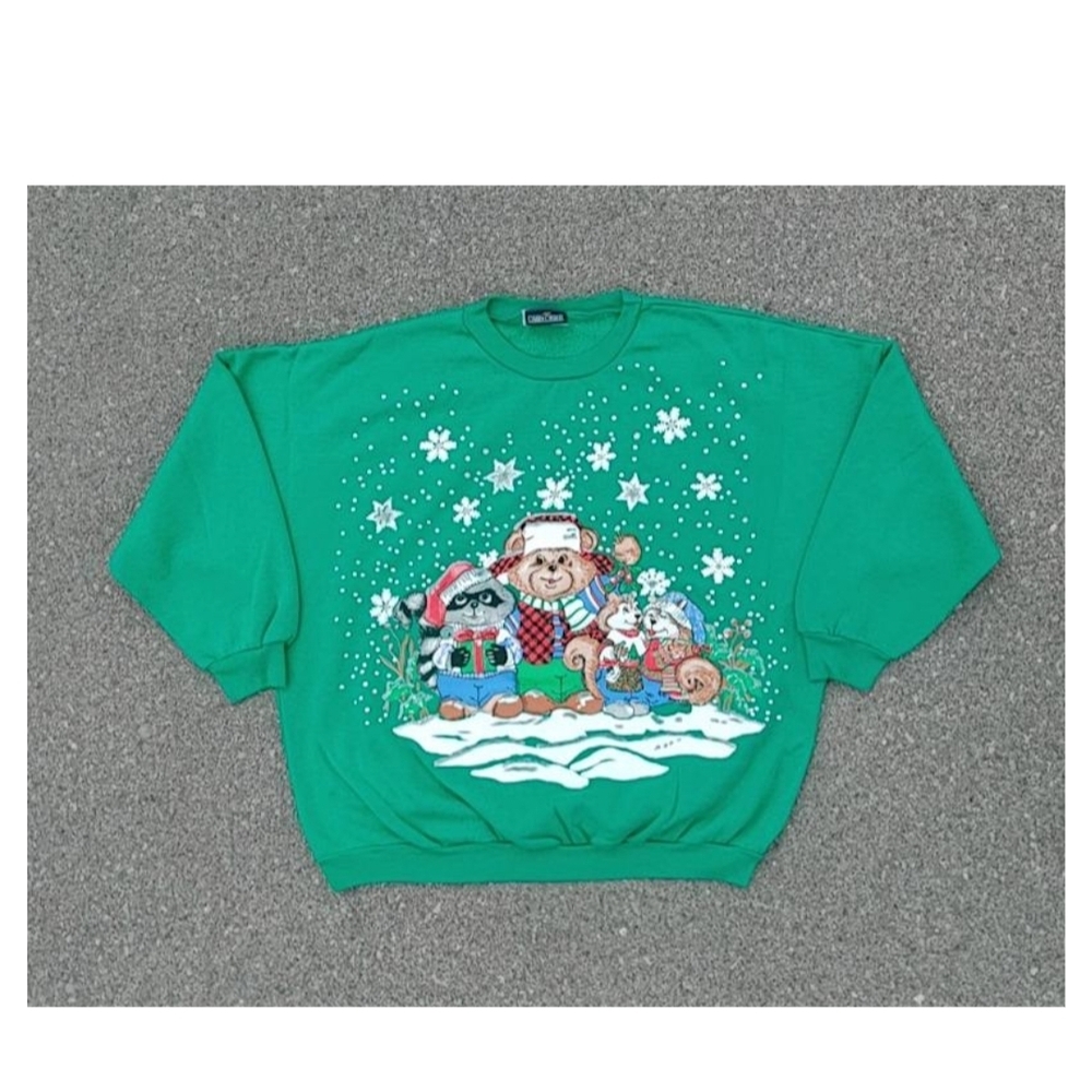 Vtg 1980s Animals Christmas All Over Print Crew Neck Cabin Creek Oversized Drop